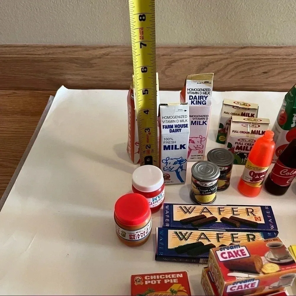 Lot 45 Vtg Pretend Play Food Mini Boxes Cans Coca Cola Progreso Milk Pizza Pasta